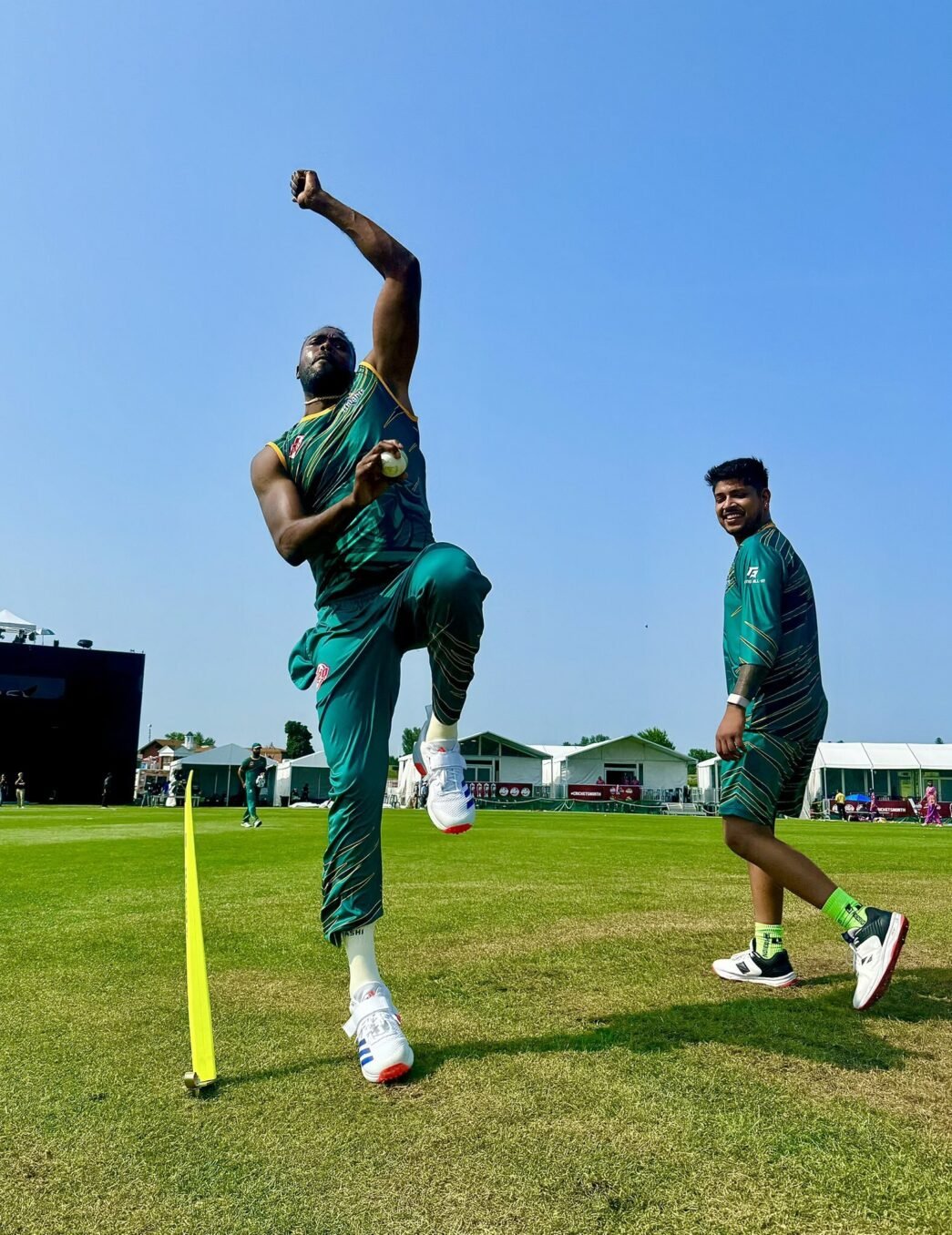 Global T20: Players warming up ahead of a cricket match