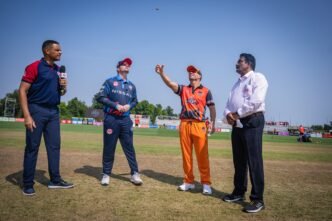 David Warner during toss in Global T20